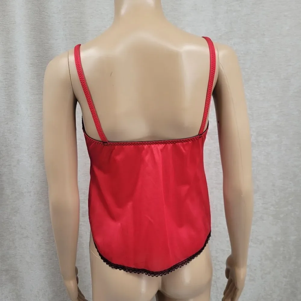 Juliana Vintage Red Nylon and Black Lace Matching Skirt / Cami Set Valentine's